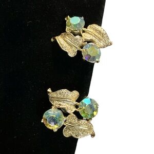 Vintage Coro Aurora Borealis Rhinestone Leaf Earrings